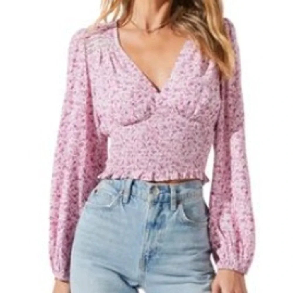 ASTR Purple Ditsy Floral Lace Mock Detail Puff Sleeve Crop Top Small‎